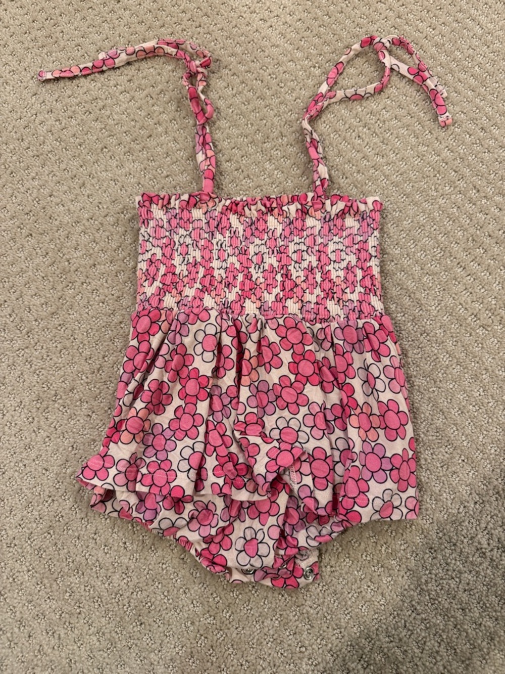 Girls Pink Floral One-Piece Romper - Smocked Bodice
